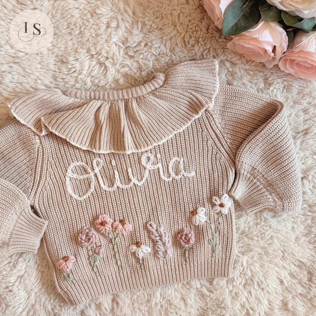 Hand Embroidered Floral Frill Cardigan | Personalised Name Cardigan | Child Toddler Baby | Birthday Gift | First Birthday | Custom Cardigan