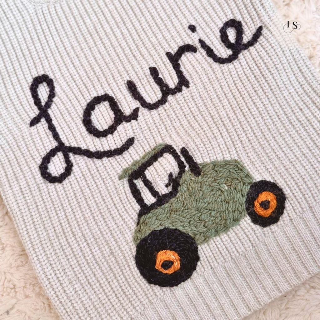 Personalised Baby Name Jumper | Hand-Embroidered Chunky Knit | Tractor Design