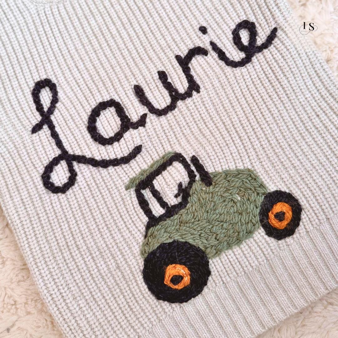 Personalised Baby Name Jumper | Hand-Embroidered Chunky Knit | Tractor Design