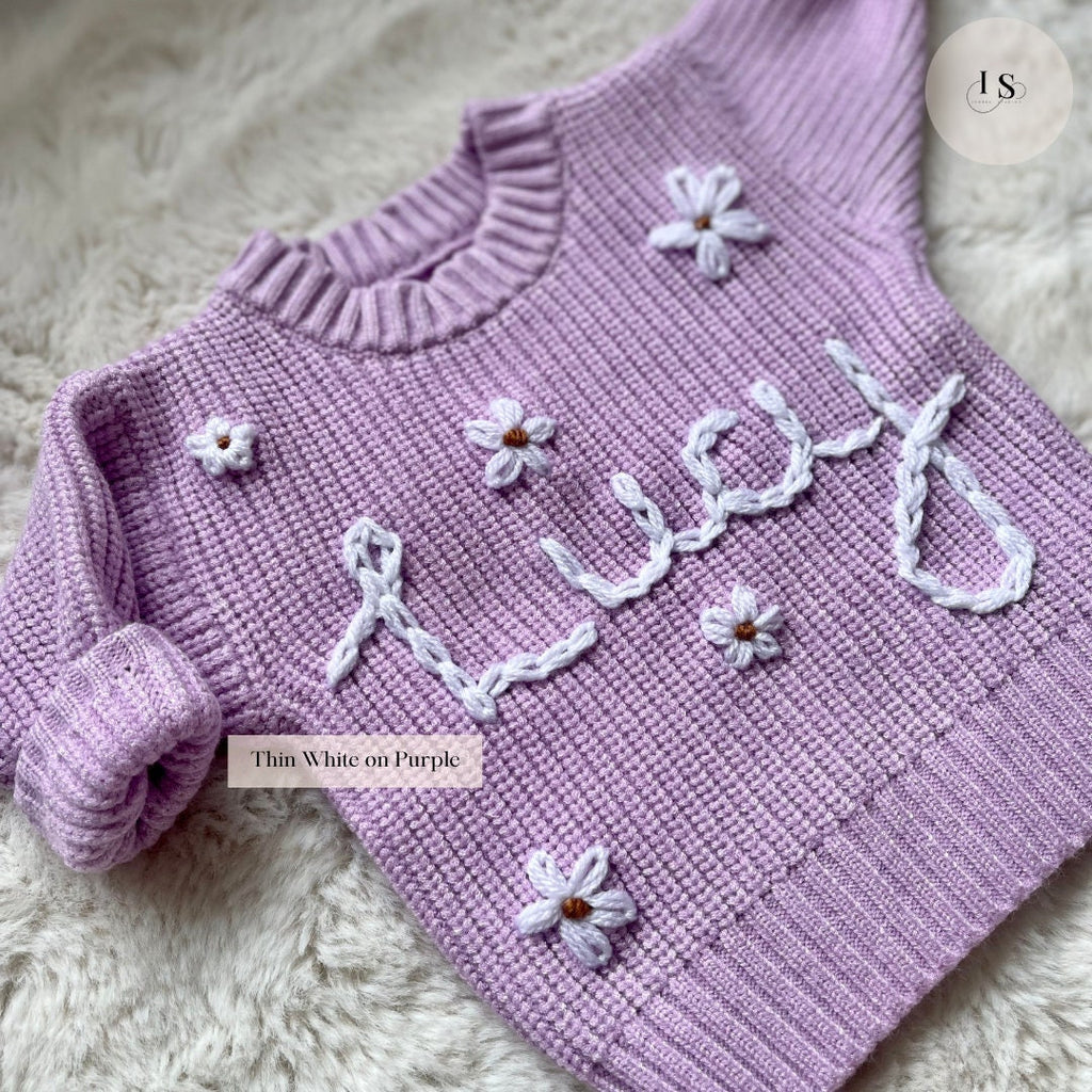 Personalised Baby Name Jumper | Hand Embroidered Knit Jumper | Newborn, Toddler, Child Gift | New Baby Gift | Baby Girl Jumper | flowers