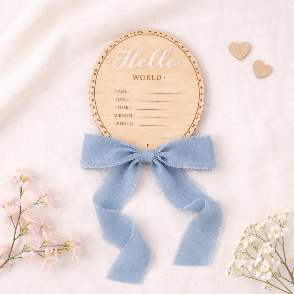 Wooden Baby Name Announcement Plaque | Hello World Sign | Newborn Photoshoot Prop | Wooden Birth Reveal Sign | Baby Keepsake | Ribbon Option