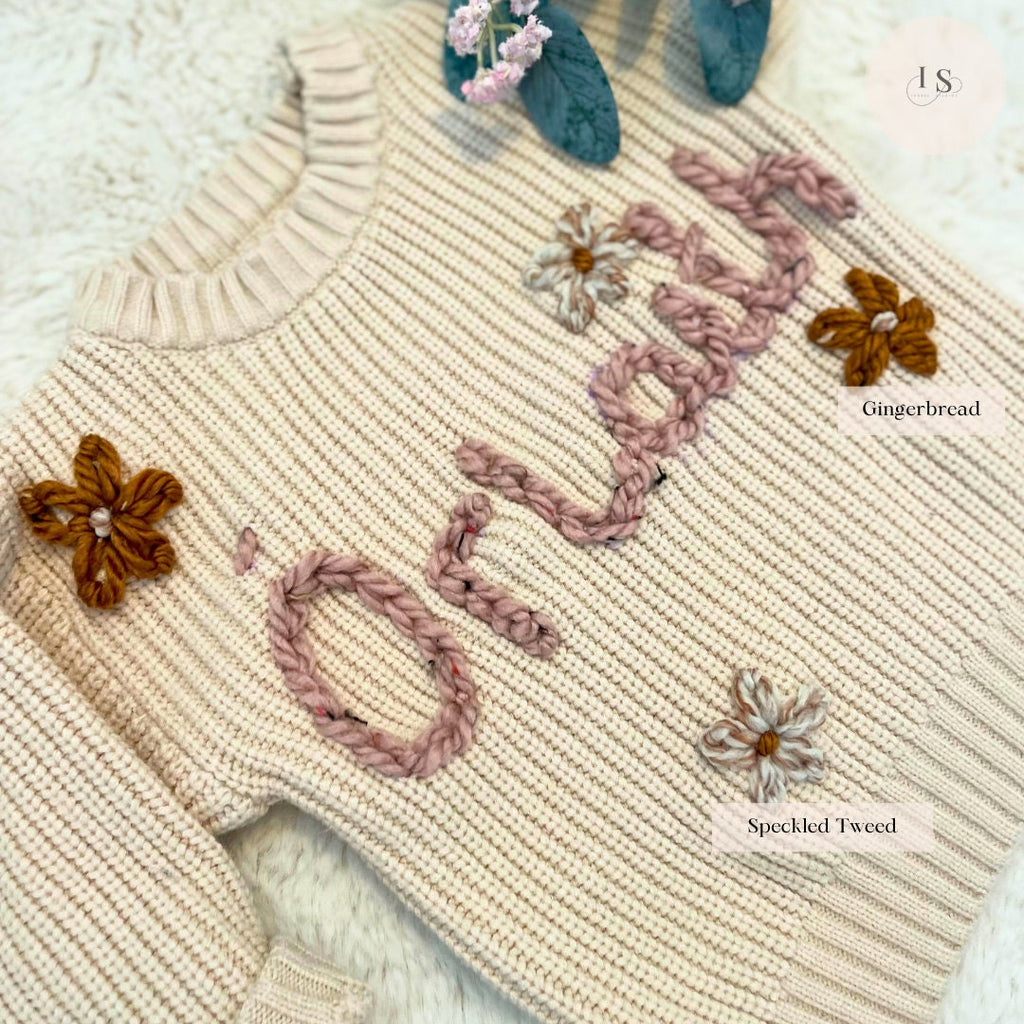 Personalised Baby Name Jumper | Hand Embroidered Knit Jumper | Newborn, Toddler, Child Gift | New Baby Gift | Baby Girl Jumper | flowers