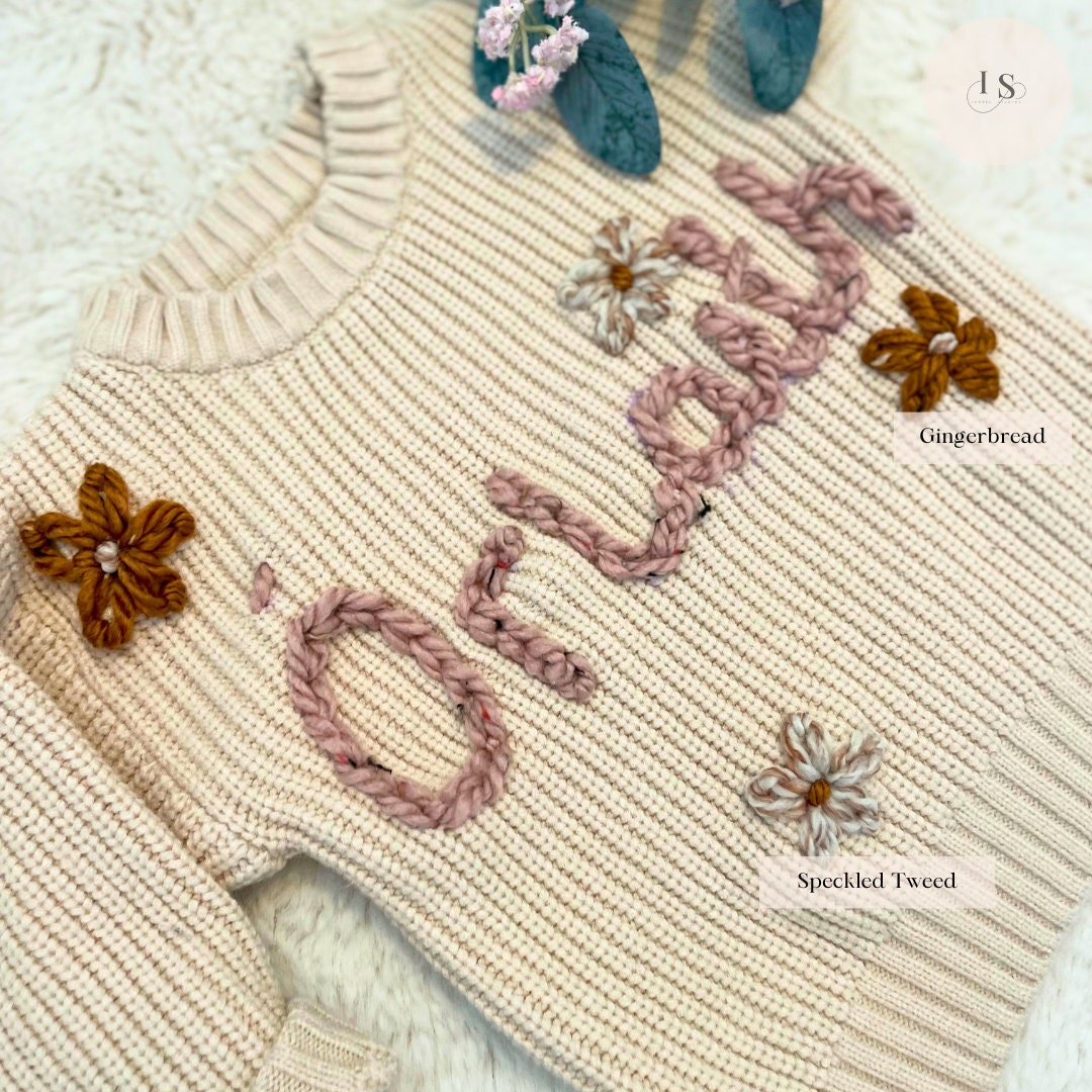 Personalised Baby Name Jumper | Hand Embroidered Knit Jumper | Newborn, Toddler, Child Gift | New Baby Gift | Baby Girl Jumper | flowers