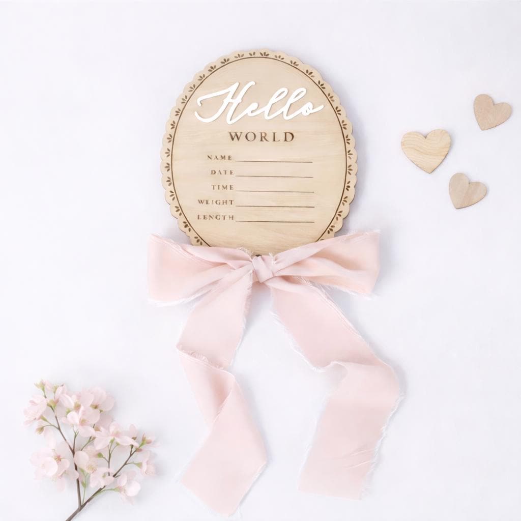 Wooden Baby Name Announcement Plaque | Hello World Sign | Newborn Photoshoot Prop | Wooden Birth Reveal Sign | Baby Keepsake | Ribbon Option