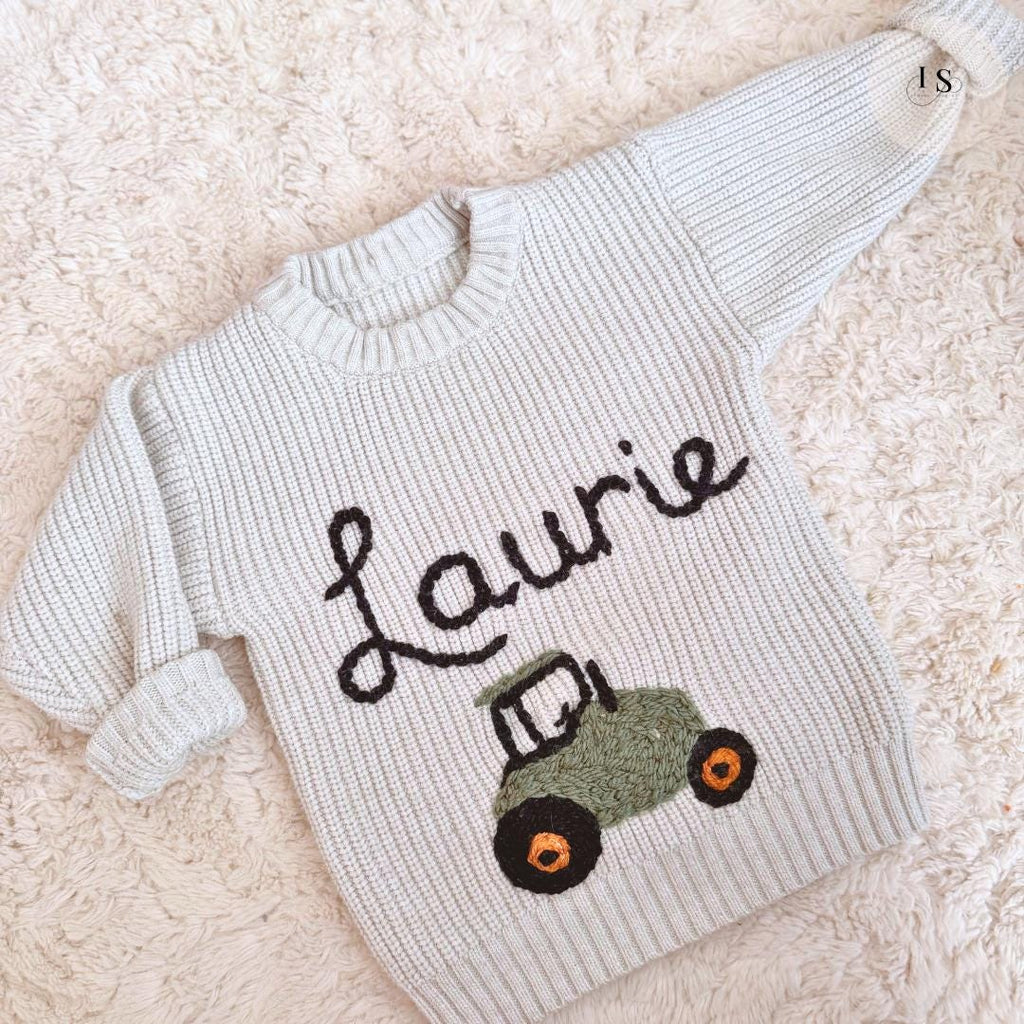 Personalised Baby Name Jumper | Hand-Embroidered Chunky Knit | Tractor Design