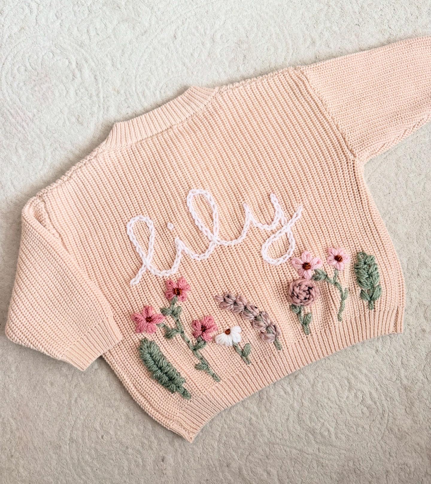 Hand Embroidered Flower Cardigan | Name Cardigan | Child Toddler Baby | Girls Birthday Gift | First Birthday | Custom Cardigan