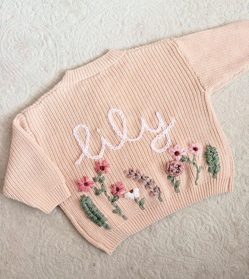 Hand Embroidered Flower Cardigan | Name Cardigan | Child Toddler Baby | Girls Birthday Gift | First Birthday | Custom Cardigan