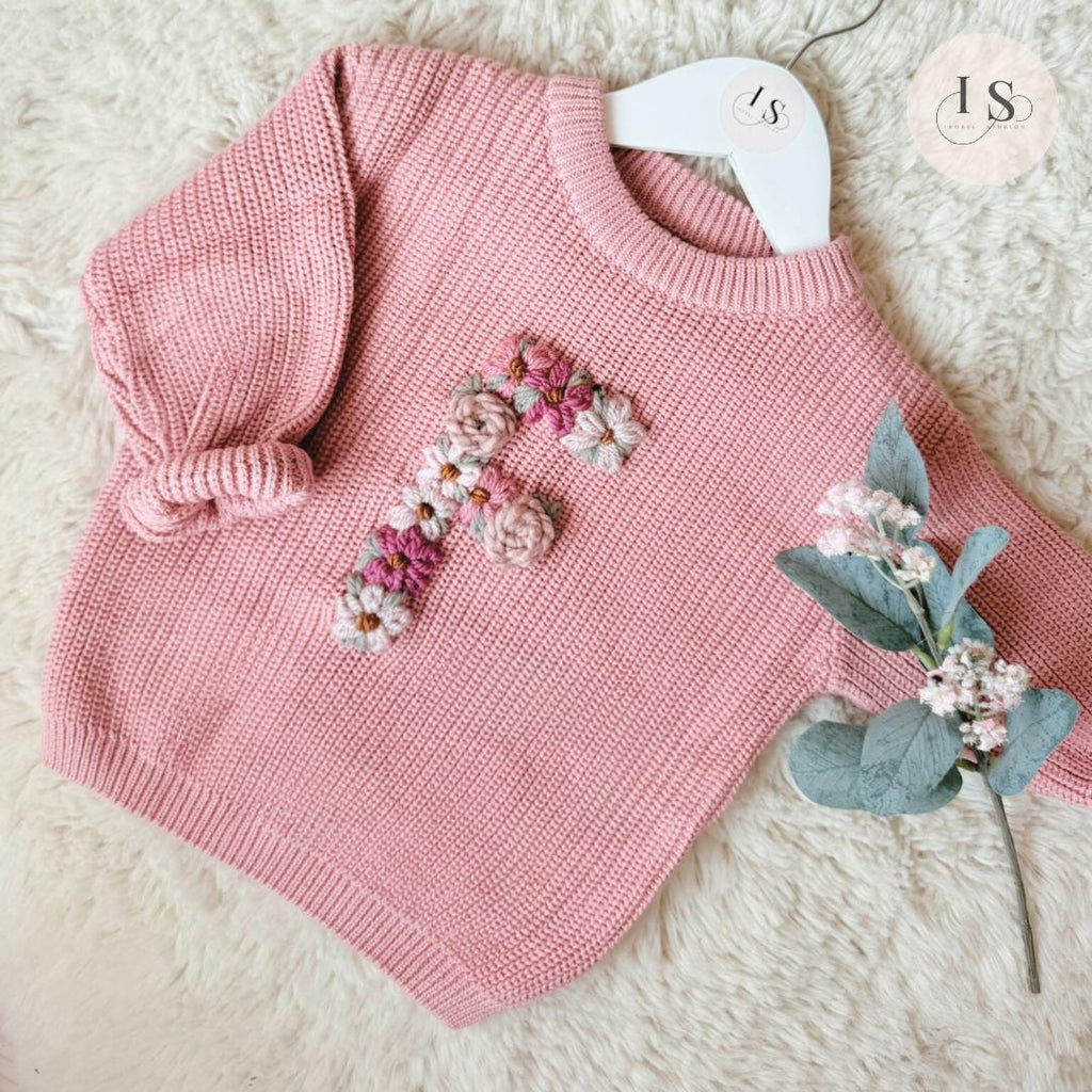 Personalised Baby Knit Jumper with Floral Letter | Embroidered Name Sweater Newborn to 5yrs | Baby Shower Girl Gift | Custom Toddler Outfit
