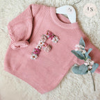 Personalised Baby Knit Jumper with Floral Letter | Embroidered Name Sweater Newborn to 5yrs | Baby Shower Girl Gift | Custom Toddler Outfit