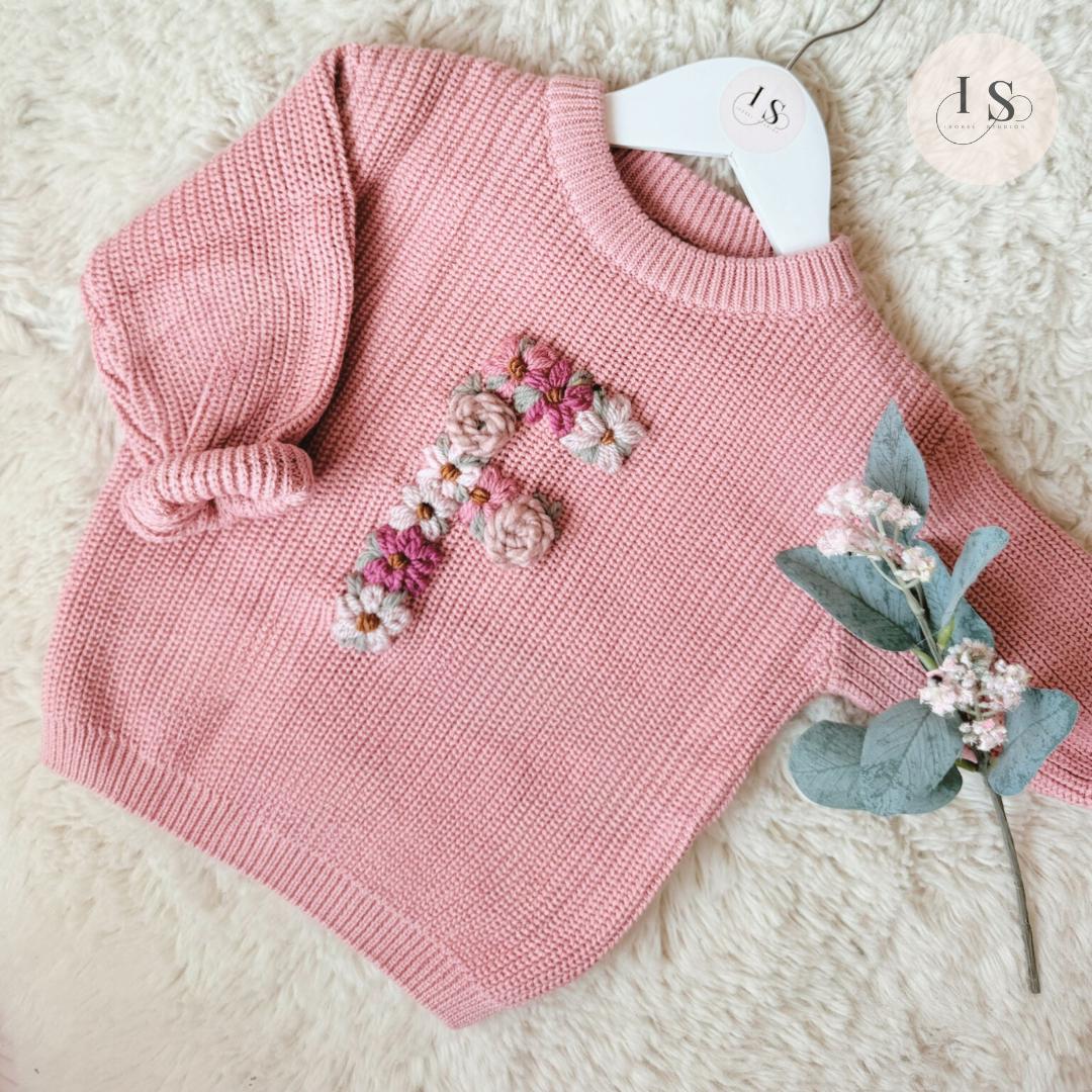 Personalised Baby Knit Jumper with Floral Letter | Embroidered Name Sweater Newborn to 5yrs | Baby Shower Girl Gift | Custom Toddler Outfit