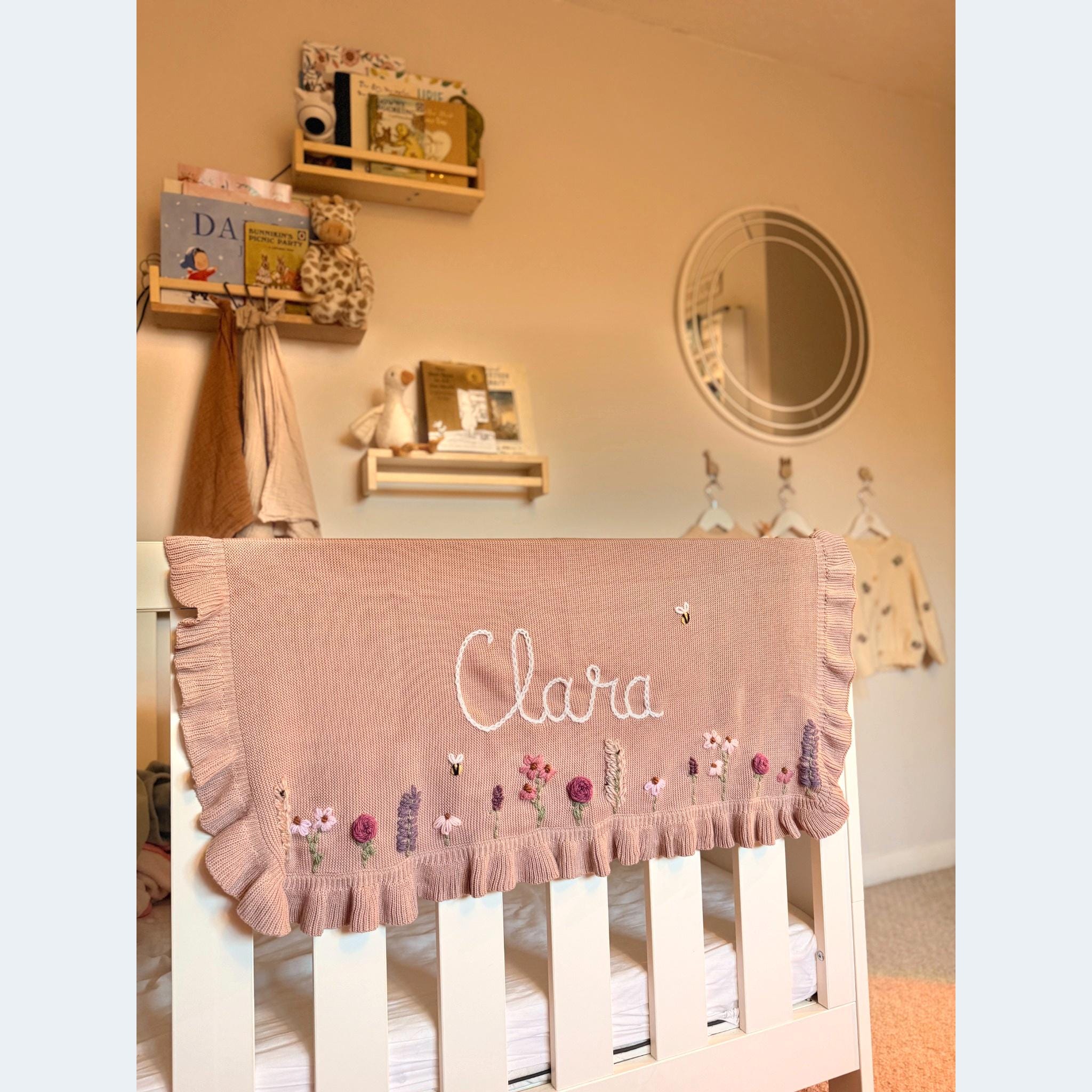 Personalised Hand Embroidered Baby Name Blanket | Baby Girls Gift | Custom Cream White Neutral Blanket | Newborn Baby Gift | Flowers Floral