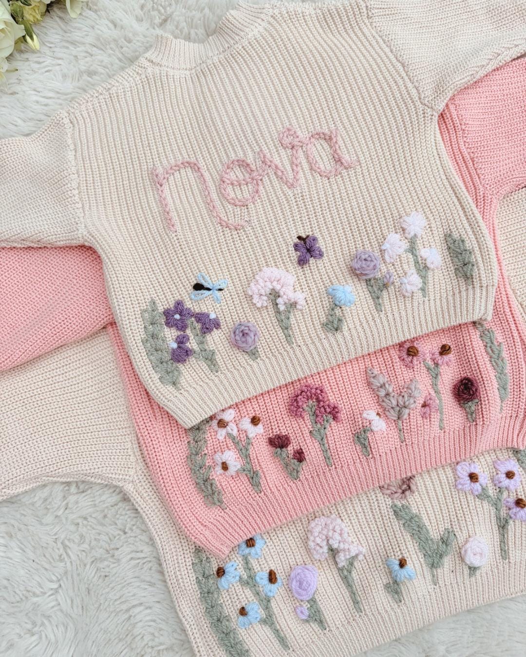 Hand Embroidered Flower Cardigan | Name Cardigan | Child Toddler Baby | Girls Birthday Gift | First Birthday | Custom Cardigan