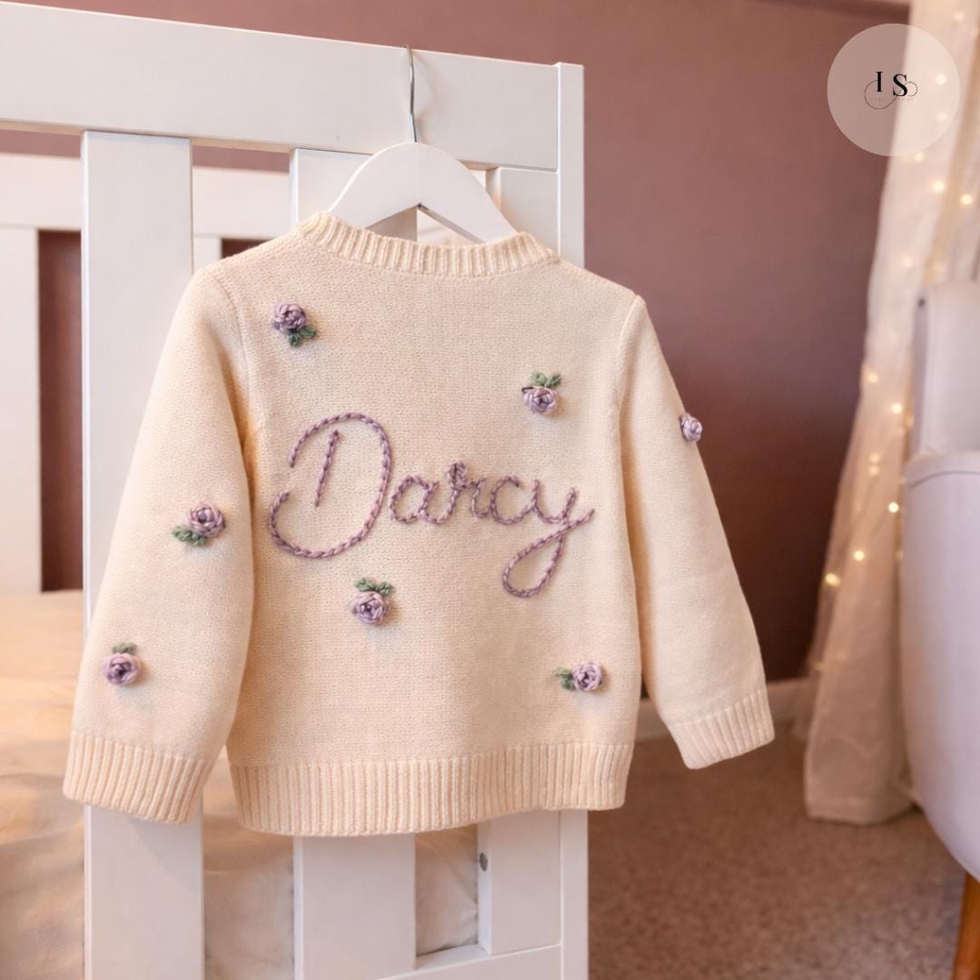 Hand Embroidered Rose Flower Cardigan | Personalised Name Cardigan | Toddler Baby | Girls Birthday Gift | First Birthday | Custom Cardigan