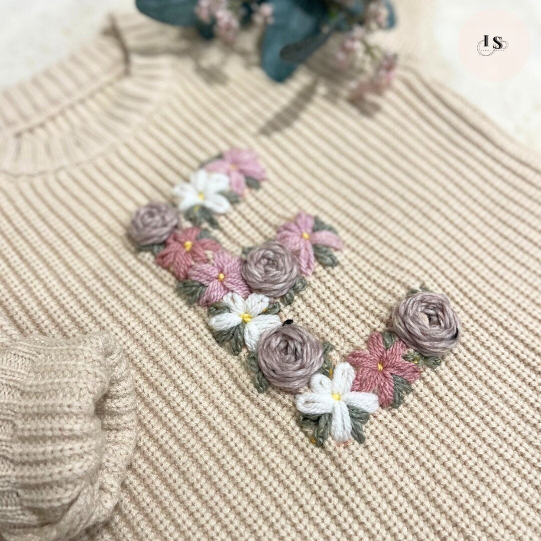 FLORAL LETTER BABY Sweater | Personalised Baby Name/Initial Jumper | Hand Embroidered Knit Jumper | Newborn Toddler Kids Gift| New Baby Gift