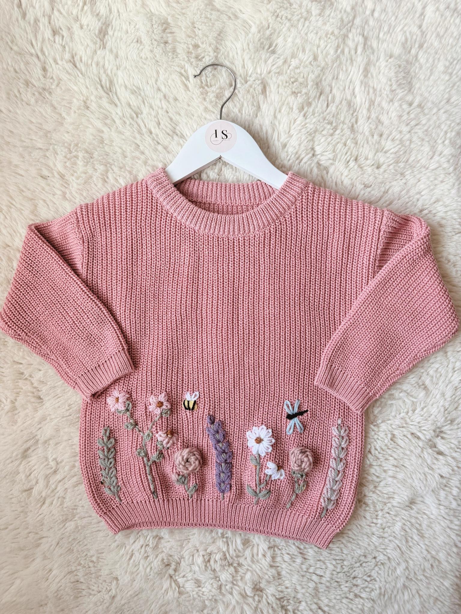 Hand Embroidered Flower Jumper | Personalised Name Jumper | Child Toddler Baby | Girls Birthday Gift | First Birthday | Custom Pink Jumper