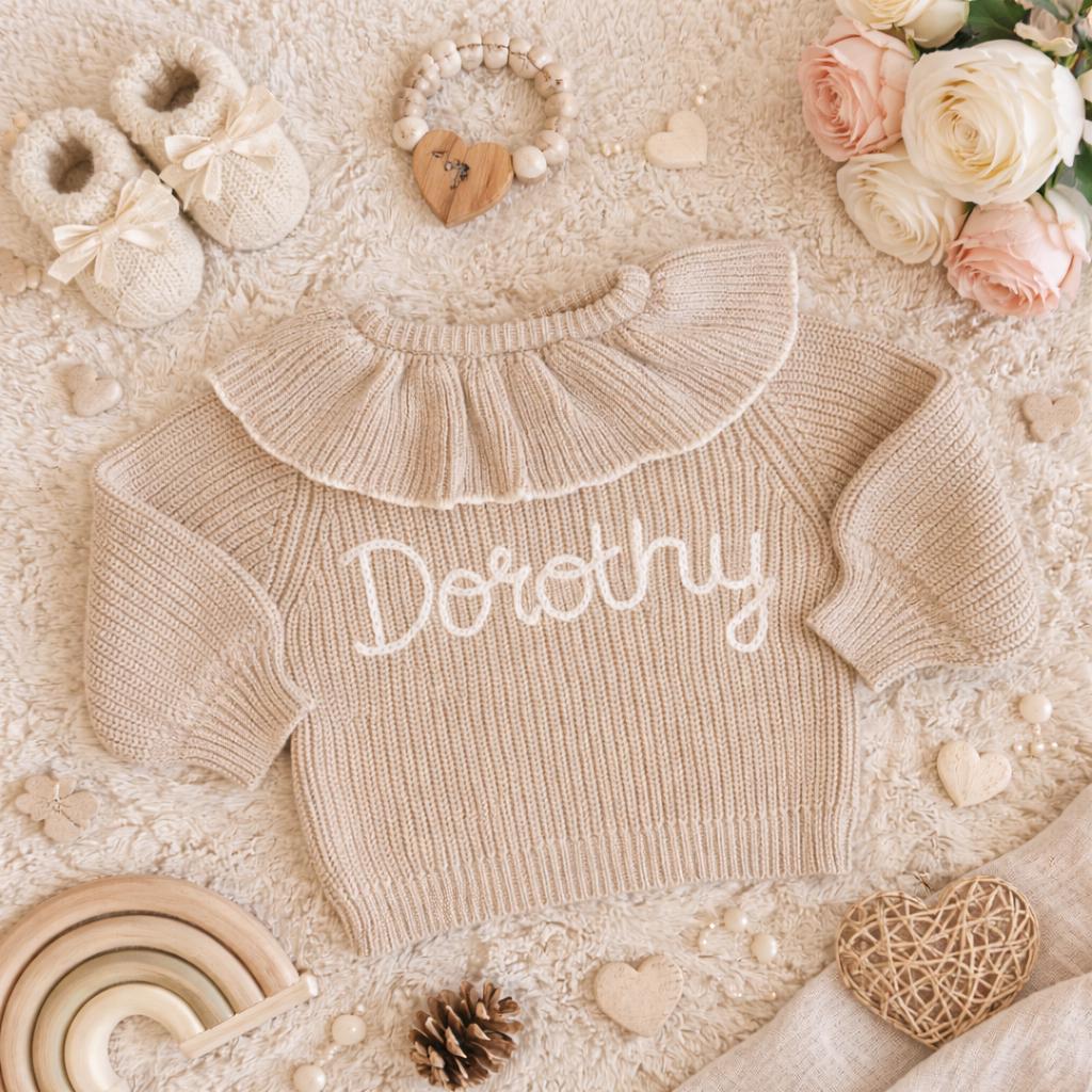 Viral Personalised Frill Cardigan Baby Toddler Child | Custom Name Knit Jumper | Neutral Embroidered Sweater | Trending Baby Gift
