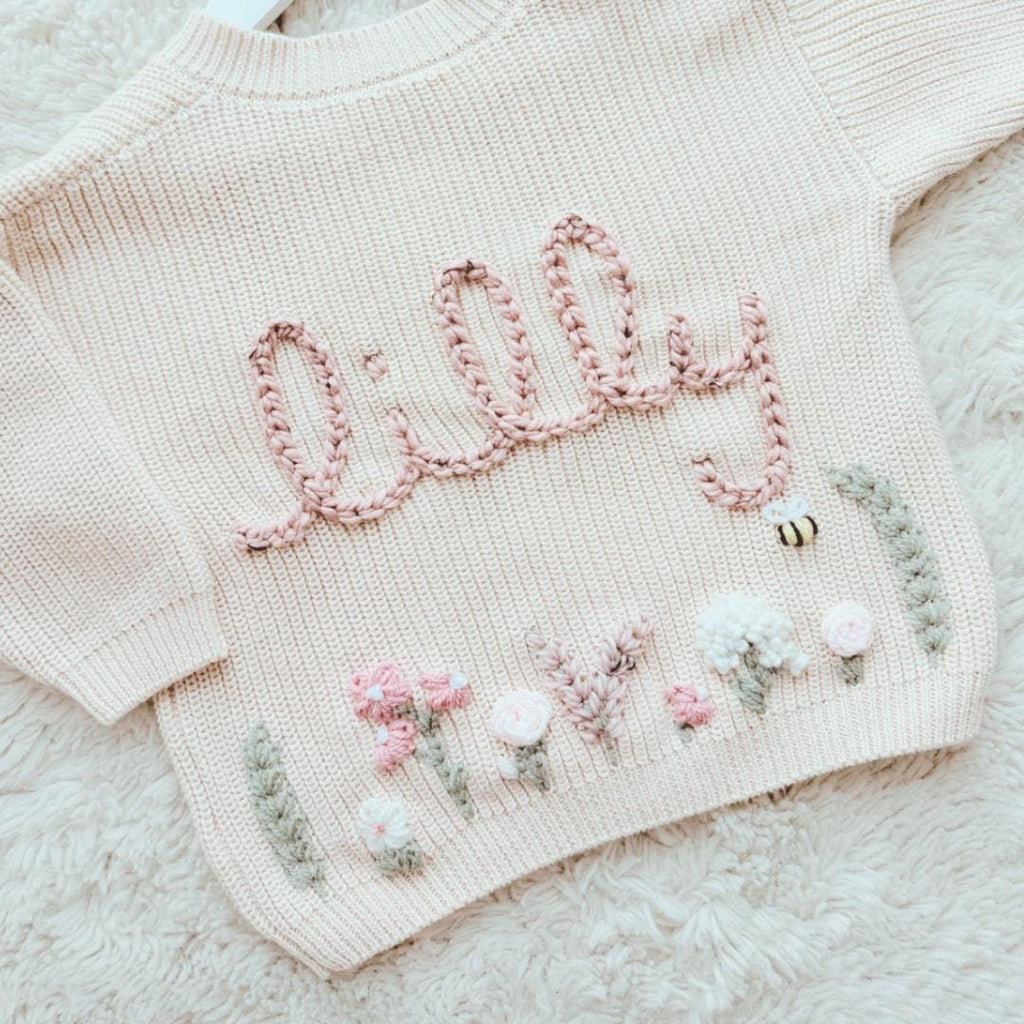 Hand Embroidered Flower Cardigan | Name Cardigan | Child Toddler Baby | Girls Birthday Gift | First Birthday | Custom Cardigan
