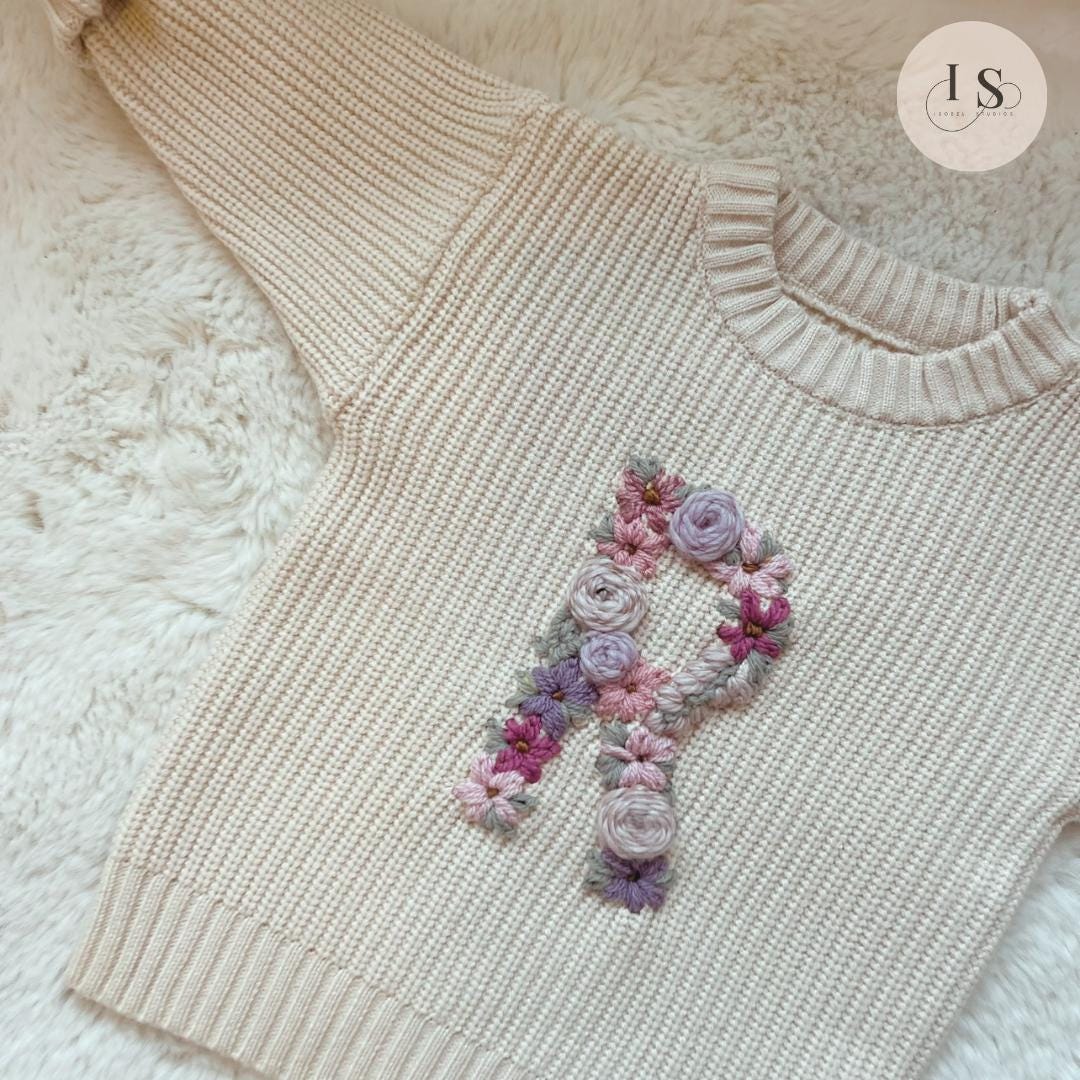 FLORAL LETTER BABY Sweater | Personalised Baby Name/Initial Jumper | Hand Embroidered Knit Jumper | Newborn Toddler Kids Gift| New Baby Gift
