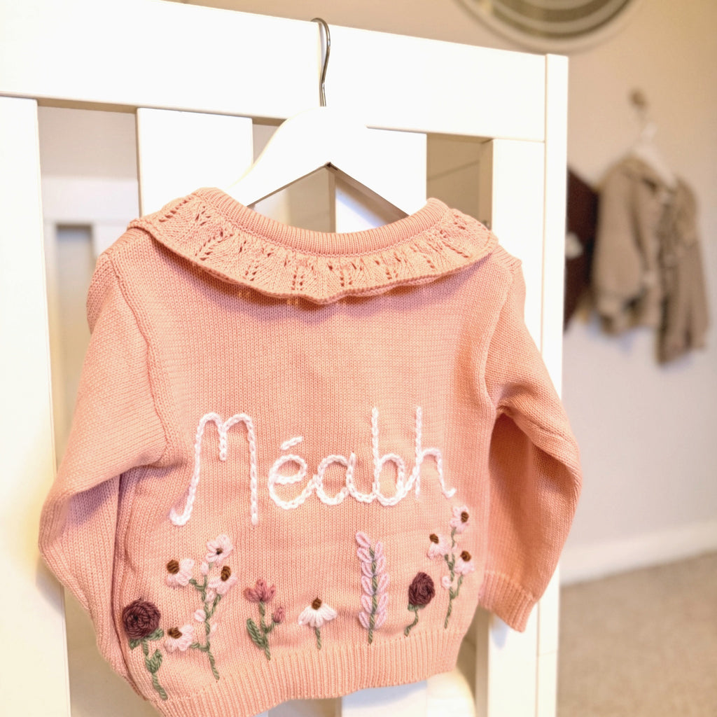 Hand Embroidered Flower Frill Cardigan | Personalised Name Cardigan | Child Toddler Baby | Birthday Gift | First Birthday | Custom Cardigan